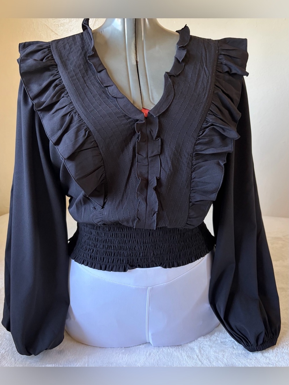 Express Black Ruffled V-Neck Smocked-Waist Blouse